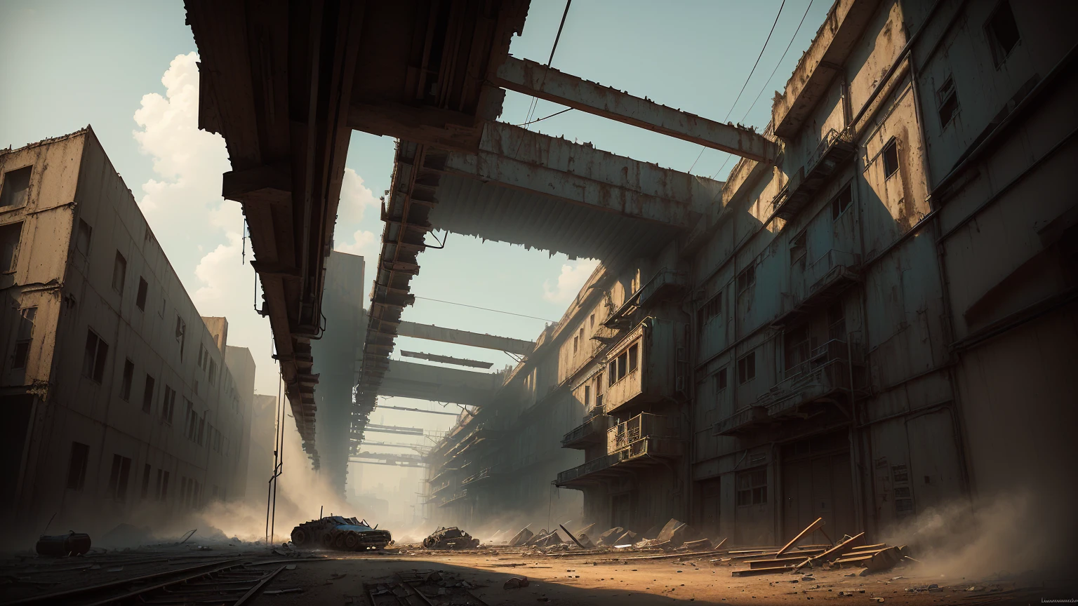 there is a building,there are many windows inside, by senior Environmental artist, environmental concept art, Highly realistic concept art, post-apocalyptic factory, Post-Grunge Concept Art, inspired by senior Environmental artist, Industrial environment, Environmental art, urban concept art, Realistic dark concept art, author:Ludvik Konazewski Jr., environmental concept art , (low angle shot 1.8) ( Camera shot close to the ground 1.8 )