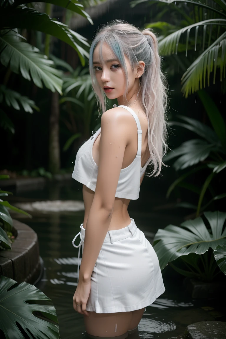 (((professional: Step by Step, taking into account even the smallest detail, God Level Final Result, full body with intricate details, only 1 girl, Image: all the intricate details, masterpiece))): "Quality 3, Wet anime, hyper details, Wet anime 17-years-old white woman with random colored hair Wet hair tied back with a red ribbon Her eyes are the same color as her wet hair, delgado, clothing white crop top and denim miniskirt, A jungle background under a constant torrential rain that soaked them, Wet Back Posture, showing her beautiful body 92 59 90, flirty face, pedestal invisible,, film grain, fuji colors, contrast of lights and shadows, textured skin, dynamic pose, realism, sunlight, high contrast, very sexy pose"