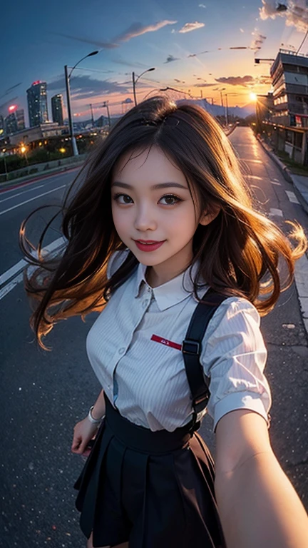 One girl, Korean, Fisheye Lens, Selfie, Wind, Messy Hair, sunset, Cityscape, (Aesthetics and atmosphere:1.2),smile