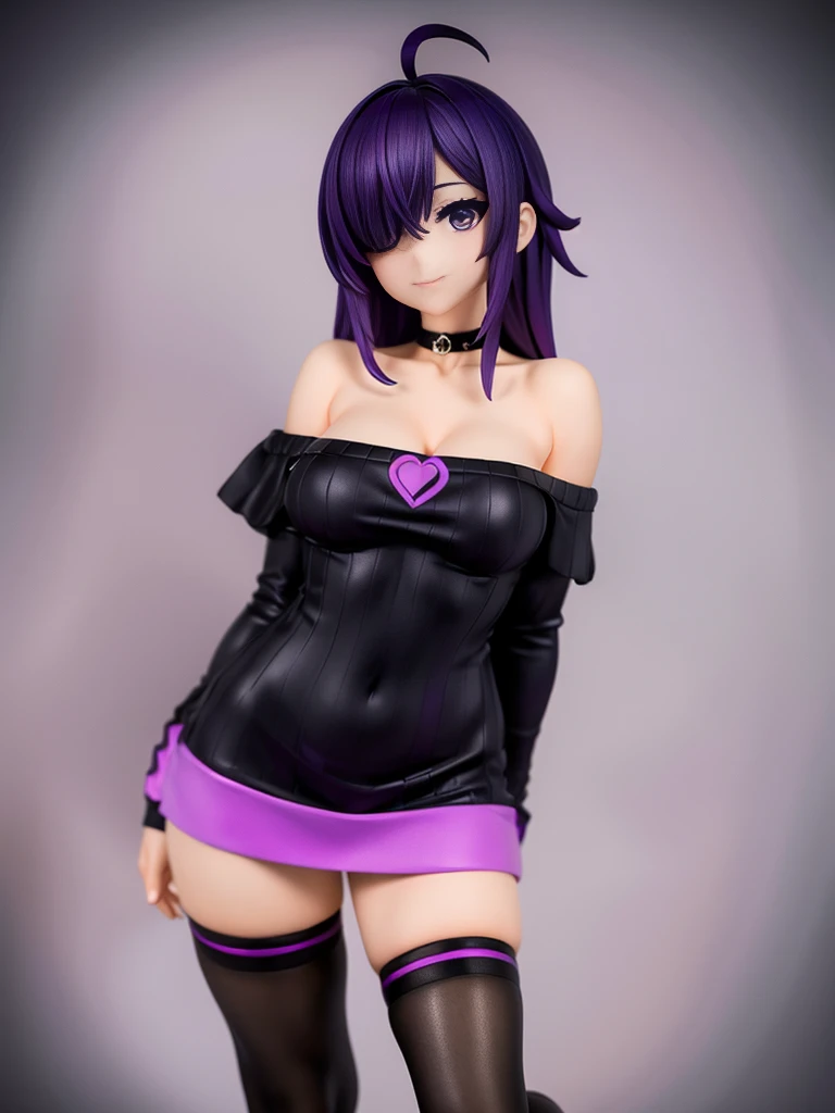an etsy seller has drawn a cute drawing of a girl in a black and purple dress with purple hair, 1girl, sweater, borrowed character, thighhighs, solo, hair over one eye, purple hair, breasts, off shoulder, blue eyes, off-shoulder sweater, cropped legs, smile, bare shoulders, ahoge, choker, black thighhighs, sweater dress, dress, cleavage,,