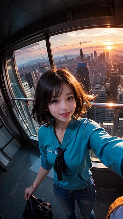 One girl, Korean, Fisheye Lens, Selfie, Wind, Messy Hair, sunset, Cityscape, (Aesthetics and atmosphere:1.2),smile