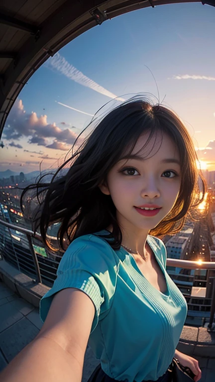 One girl, Korean, Fisheye Lens, Selfie, Wind, Messy Hair, sunset, Cityscape, (Aesthetics and atmosphere:1.2),smile