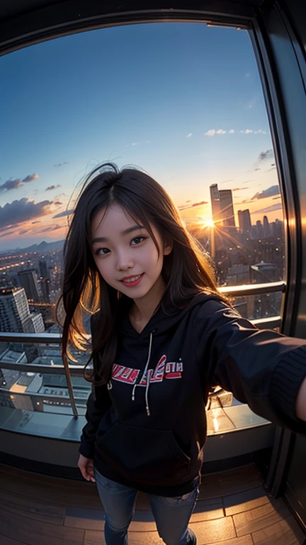 One girl, Korean, Fisheye Lens, Selfie, Wind, Messy Hair, sunset, Cityscape, (Aesthetics and atmosphere:1.2),smile