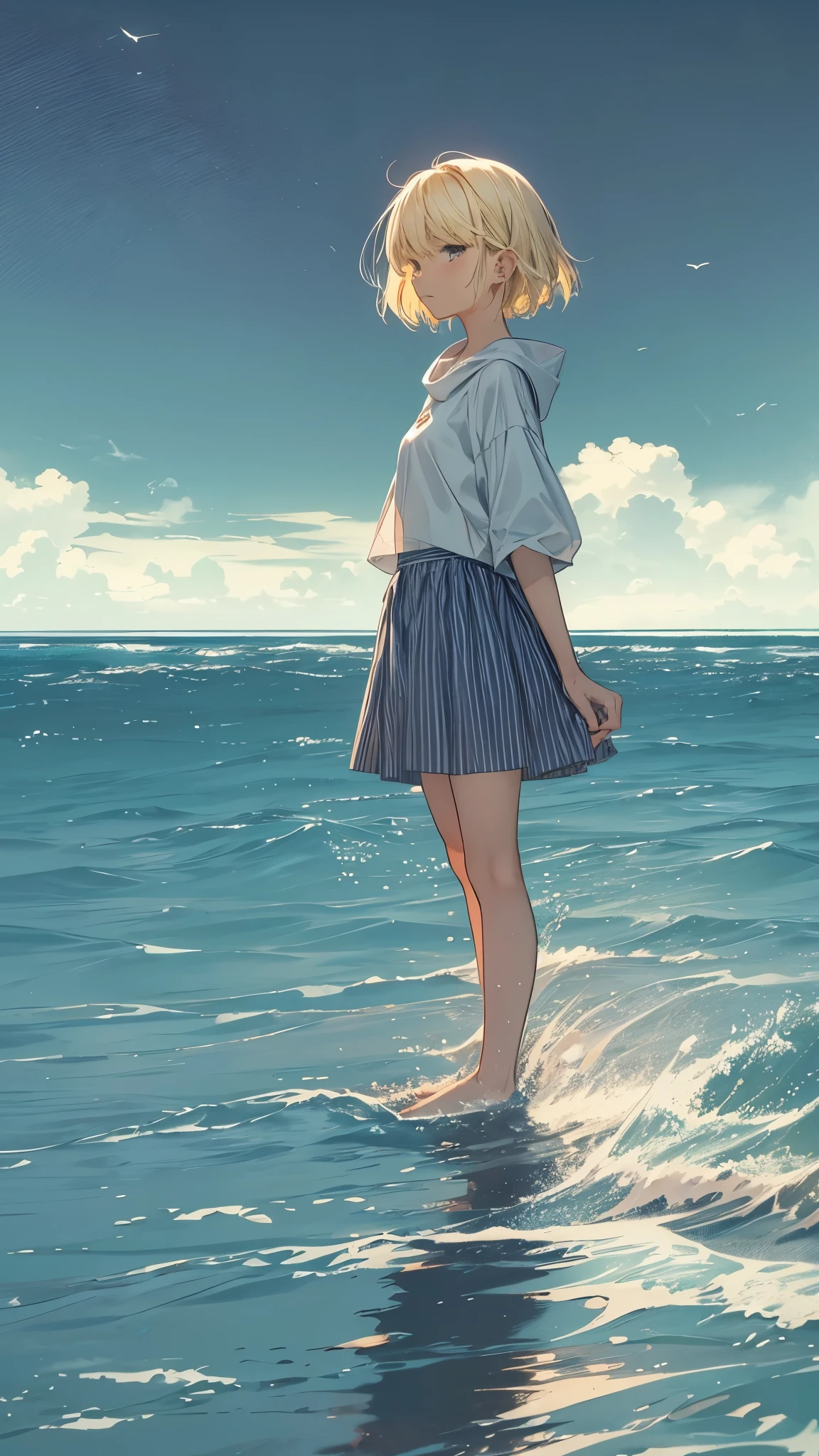 A 20 years old girl standing alone on a small island in the sea、there is nobody in the island,A girl in her 20s with short blonde hair