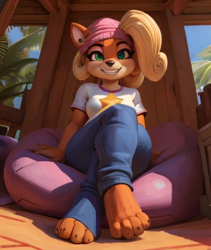 [Coco bandicoot], [Uploaded to e621.net; (Pixelsketcher), (wamudrawasterpiece)), ((HD)), ((solo portrait)), ((low angle view)), ((front view)), ((feet visible)), ((furry; anthro)), ((detailed fur)), ((detailed shading)), ((beautiful render art)), ((intricate details)), {anthro; orange fur, black nose, (cute green eyes), (short eyelashes), (pink eyeshadow), (long blonde curly hair), (curvy hips), (beautiful legs), (beautiful feet), (blushing), (cute grin)}, {(white tee shirt), (yellow star printed on shirt), (tight pink yoga pants), (toeless stirrup socks), (pink beanie), (silver earrings)}, {(sitting on beanbag), (crossed legs), (looking at viewer)}, [background; (tropical forest), (tree house), (window), (blue sky), (sun rays)] desnuda sacando la lengua  18+masaje con sus papas el pene desnuda