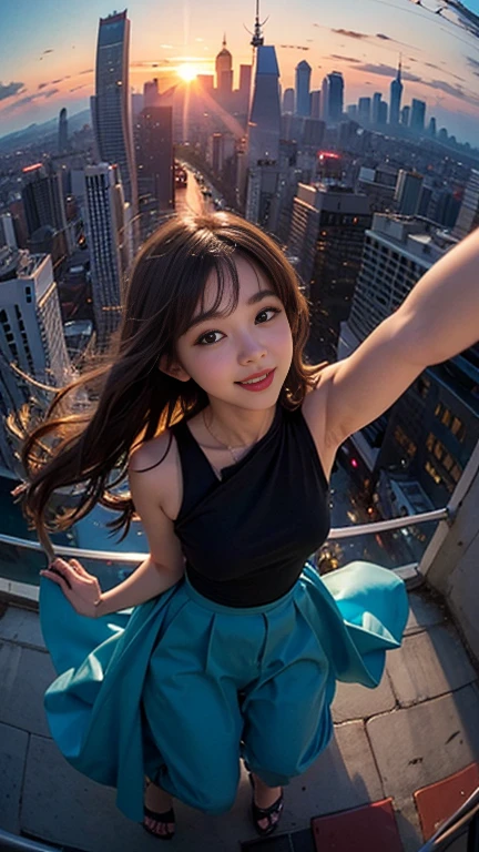 One girl, Korean, Fisheye Lens, Selfie, Wind, Messy Hair, sunset, Cityscape, (Aesthetics and atmosphere:1.2),smile