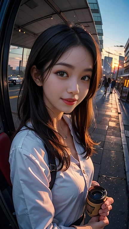 One girl, Korean, Fisheye Lens, Selfie, Wind, Messy Hair, sunset, Cityscape, (Aesthetics and atmosphere:1.2),smile