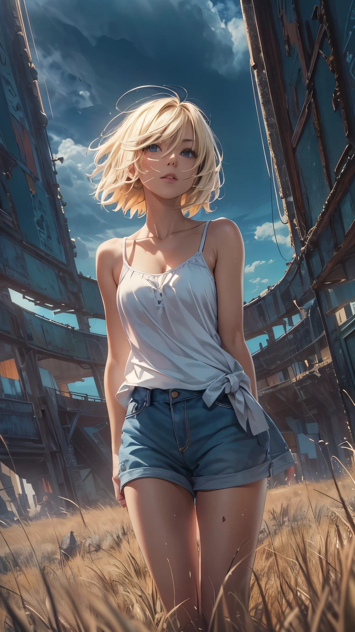 (best quality,4k,8k,highres,masterpiece:1.2),ultra-detailed,realistic,photorealistic:1.37, HDR,UHD,studio lighting,ultra-fine painting,physically-based rendering,extreme detail description,professional,vivid colors,bokeh,girl,lonely,((dark sky, giant glass land, ruined, vast grassland)),no one, blond short hair, girl in her twenties