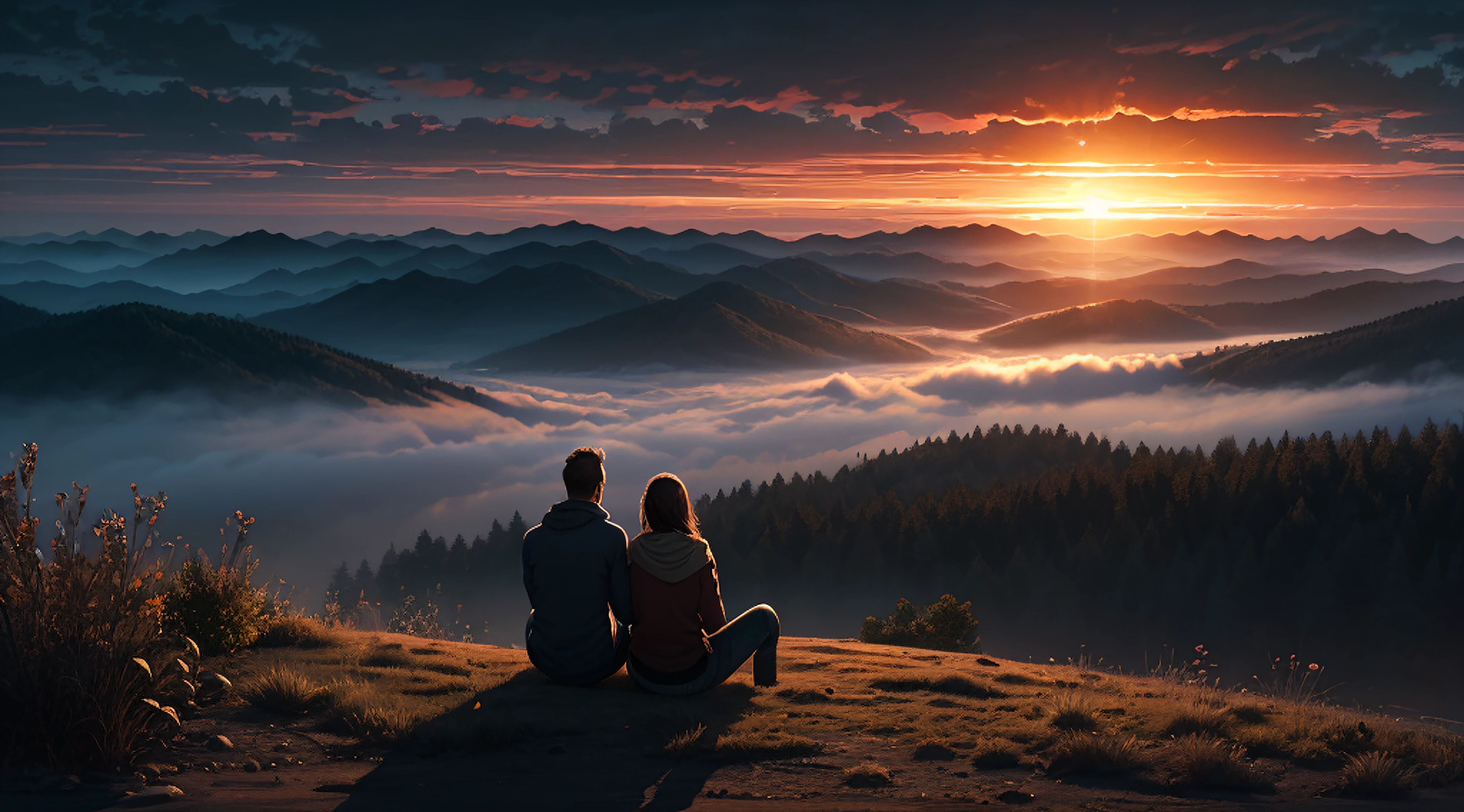 (sunrise:1.5), A couple sitting on top of a hill, (ultra detailed:1.5), 32K, cinematic angle, floating, (Detailed light), Beautifully detailed sky, (lighting particle), fog, snow, (chart), (Sketch), realistic texture, Hire high-level people: 1.7, Hire high-level peopler: 4x_NMKD-Siax_200k, Noise removal force: 0.45, (illustration), cinematic lighting, (bloom), luminism, silhouette, backlighting, drop shadow, ultra wide angle