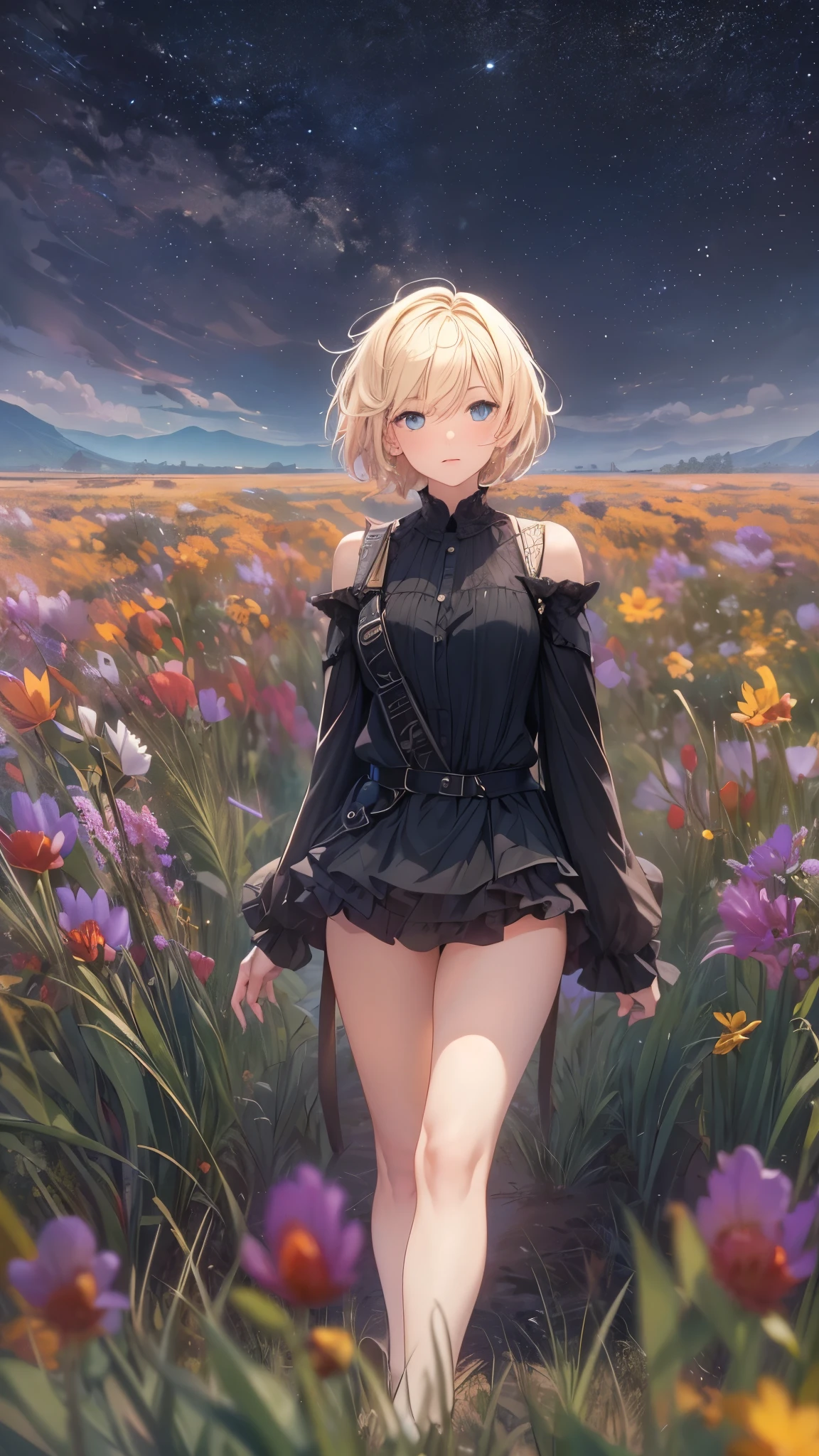 (best quality,4k,8k,highres,masterpiece:1.2),ultra-detailed,realistic,photorealistic:1.37, HDR,UHD,studio lighting,ultra-fine painting,physically-based rendering,extreme detail description,professional,vivid colors,bokeh,girl,lonely,((dark sky, giant glass land, ruined, vast grassland)),no one, blond short hair, girl in her twenties