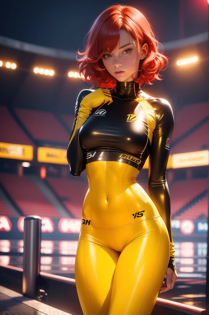 (1 girl, 18 years),medium breast, breast,European, Red hair, Bob haircut, yellow eyes, tan, wet skin, sweaty skin, Wavy hair, beauty, Ultra-realistic, ultra realistic, 4K, unreal engine, perfect face, full body shot, hip gap, slim hips, long leggings, sports top, night stadium background