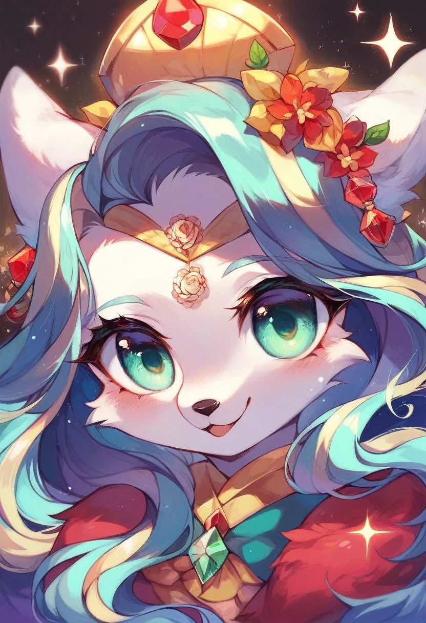 Ultra-Detailed Fantasy Anime Anthro Art Showcases a Stunning, Ultra-Cute White Fox Goddess with Vibrant, Emerald-Green Eyes. She is Adorned in a Festive Red Poncho, Featuring Intricate Black and Green Details, Accentuating Her Cheerful and Joyful Demeanor. The Poncho's Design is a Reflection of Her Bright and Lively Spirit. Her Fur, Shimmering White, Glows Under the Soft Light, Adding an Ethereal Quality to Her Majestic Presence. Her Eyes, Filled with Wisdom and Kindness, Sparkle with an Unparalleled