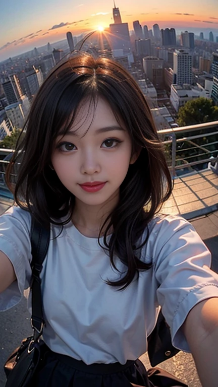 One girl, Korean, Fisheye Lens, Selfie, Wind, Messy Hair, sunset, Cityscape, (Aesthetics and atmosphere:1.2),smile