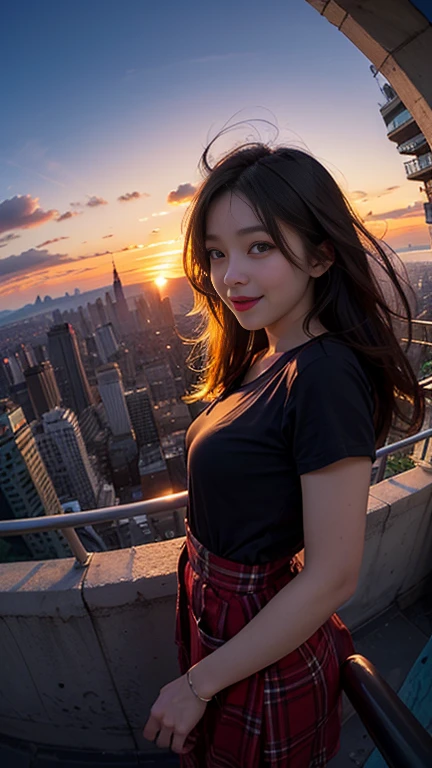 One girl, Korean, Fisheye Lens, Selfie, Wind, Messy Hair, sunset, Cityscape, (Aesthetics and atmosphere:1.2),smile