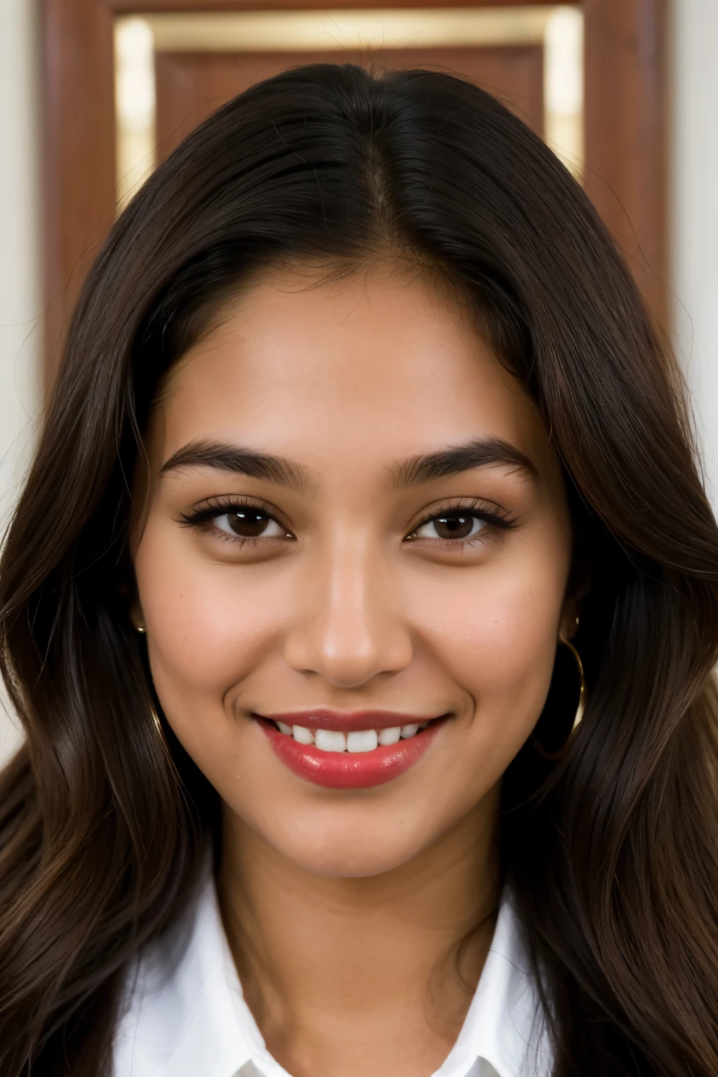 ((Best Quality)), lawyer in court, 24 year old woman, brown skin, nose a little wide, big brown eyes, long dark brown wavy hair, Red lips