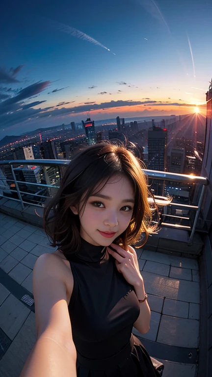 One girl, Korean, Fisheye Lens, Selfie, Wind, Messy Hair, sunset, Cityscape, (Aesthetics and atmosphere:1.2),smile