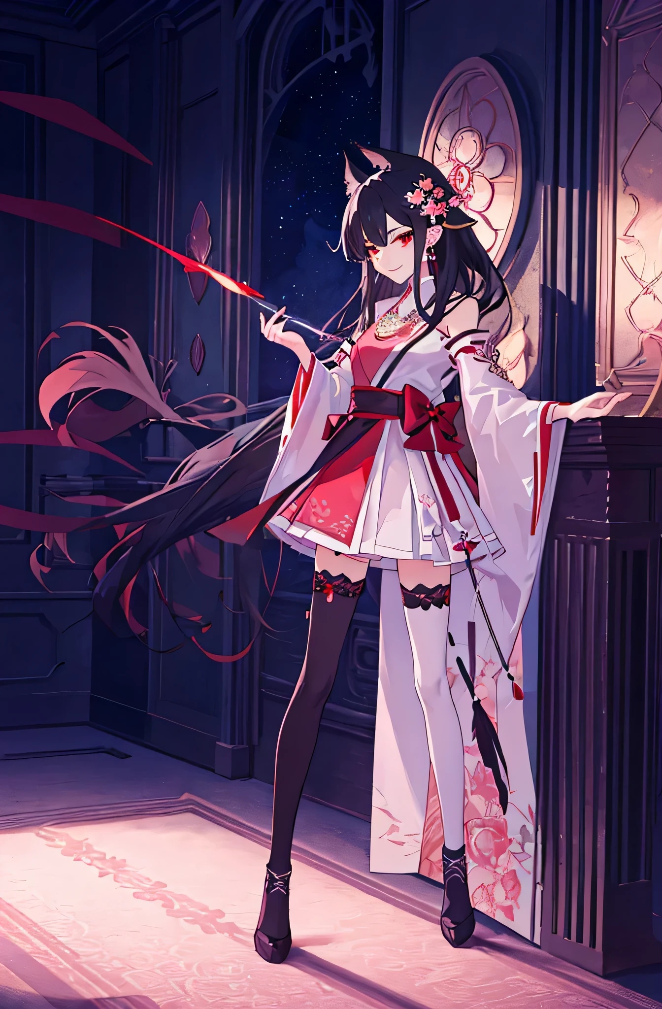 [(detailed Background:1.4)::5],Original,(Illustration:1.1),(Best Quality),(masutepiece:1.1),(the Extremely Detailed CG Unity 8K Wallpapers:1.1), (Colorful:0.9),(mid-shot:0.95),(very detailed beautiful full body),Dynamic Angle,(Solo:1.2), (girl),(((Adult))), (Detailed beautiful eyes:1.15), (Beautiful face:1.15), (glowing red eyes:1.25////),(black hair),paleskin，Pink pupils，Red bow，amaryllis，((Evil smile))，Crystal earrings on the ears，Raven feather skirt,full body,wearing miko thighhighs,((black long hair)),black long hair,night,slim body,thin legs,slender,