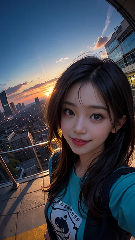 One girl, Korean, Fisheye Lens, Selfie, Wind, Messy Hair, sunset, Cityscape, (Aesthetics and atmosphere:1.2),smile