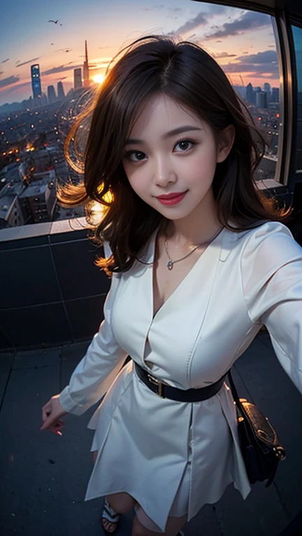 One girl, Korean, Fisheye Lens, Selfie, Wind, Messy Hair, sunset, Cityscape, (Aesthetics and atmosphere:1.2),smile