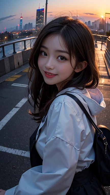One girl, Korean, Fisheye Lens, Selfie, Wind, Messy Hair, sunset, Cityscape, (Aesthetics and atmosphere:1.2),smile