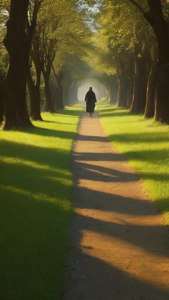 A quiet path in a park or forest, bathed in soft morning light. Dew-kissed grass and leaves glistening. A person taking a slow, reflective walk, symbolizing new beginnings and inner peace.