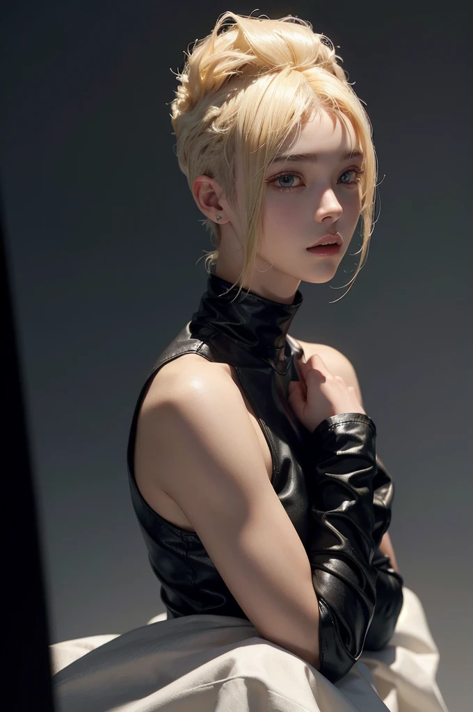 a 20 yo woman, blonde, (hi-top fade:1.3), dark theme, soothing tones, muted colors, high contrast, (natural skin texture, hyperrealism, soft light, sharp)