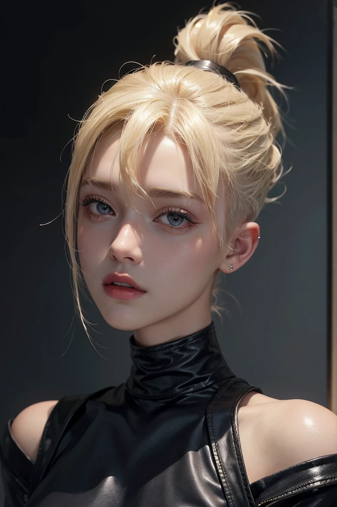 a 20 yo woman, blonde, (hi-top fade:1.3), dark theme, soothing tones, muted colors, high contrast, (natural skin texture, hyperrealism, soft light, sharp)
