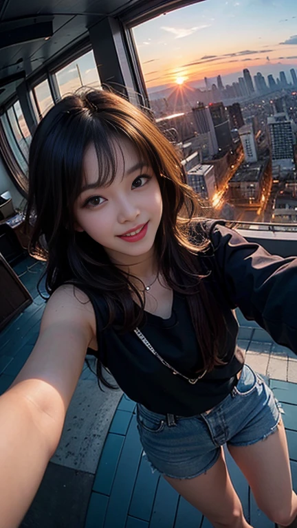 One girl, Korean, Fisheye Lens, Selfie, Wind, Messy Hair, sunset, Cityscape, (Aesthetics and atmosphere:1.2),smile