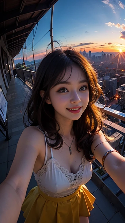 One girl, Korean, Fisheye Lens, Selfie, Wind, Messy Hair, sunset, Cityscape, (Aesthetics and atmosphere:1.2),smile