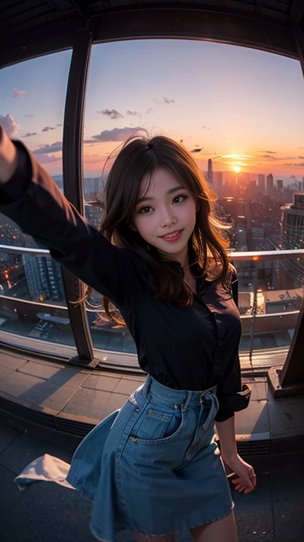 One girl, Korean, Fisheye Lens, Selfie, Wind, Messy Hair, sunset, Cityscape, (Aesthetics and atmosphere:1.2),smile
