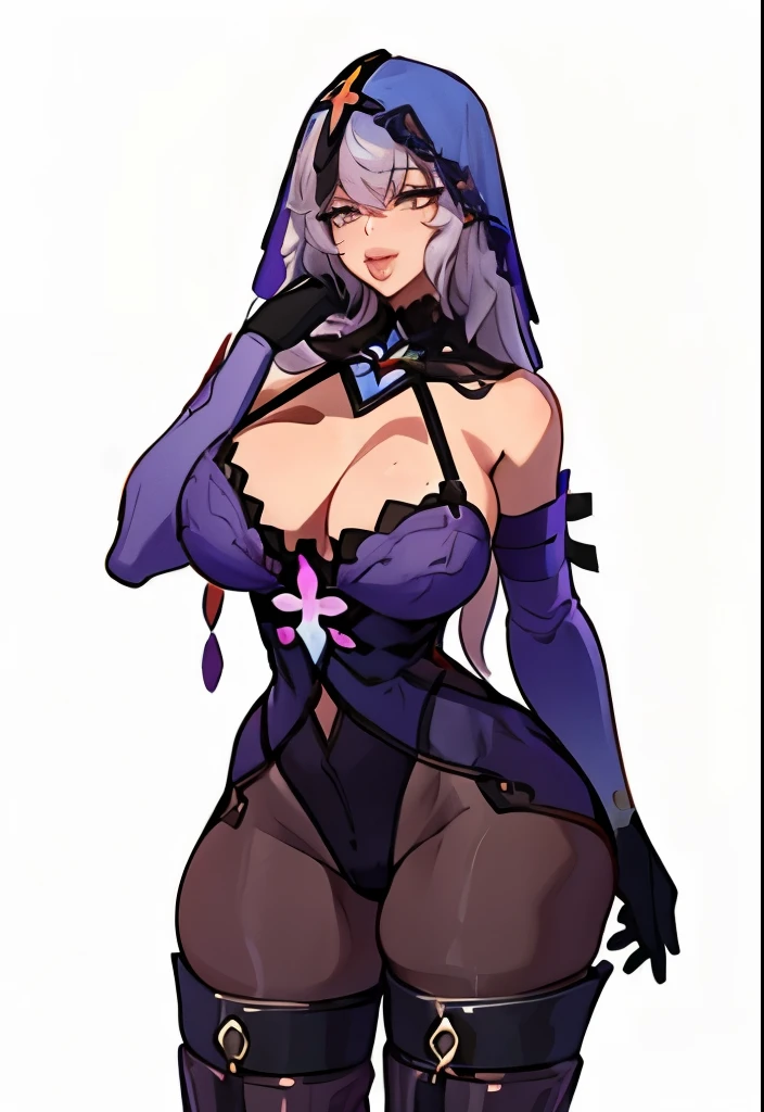 ((masterpiece,best quality)), 1girl, blackswan, veil, elbow gloves, black pantyhose, thigh boots, white background, cowboy shot, smile, hand on own cheek,