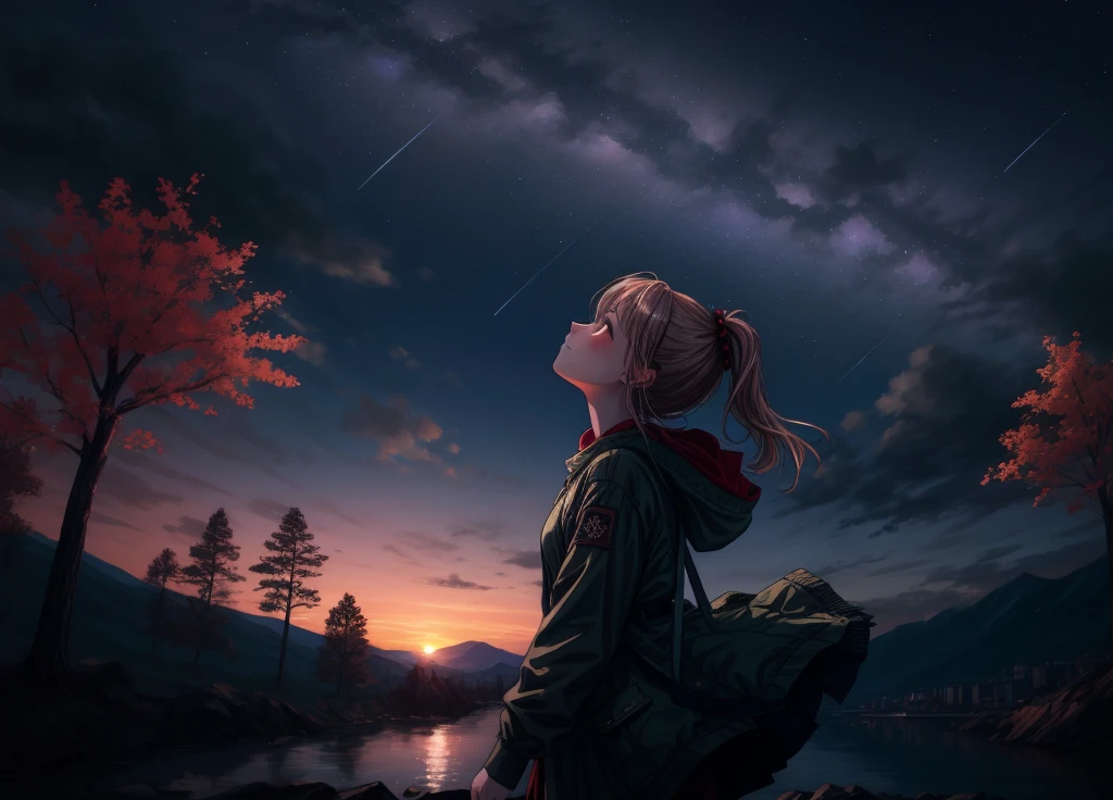 A beautiful scene of a young girl looking up at the night sky with a new sense of happiness.、 , Highest quality, masterpiece, , 8k, Attention to detail, Super detailed