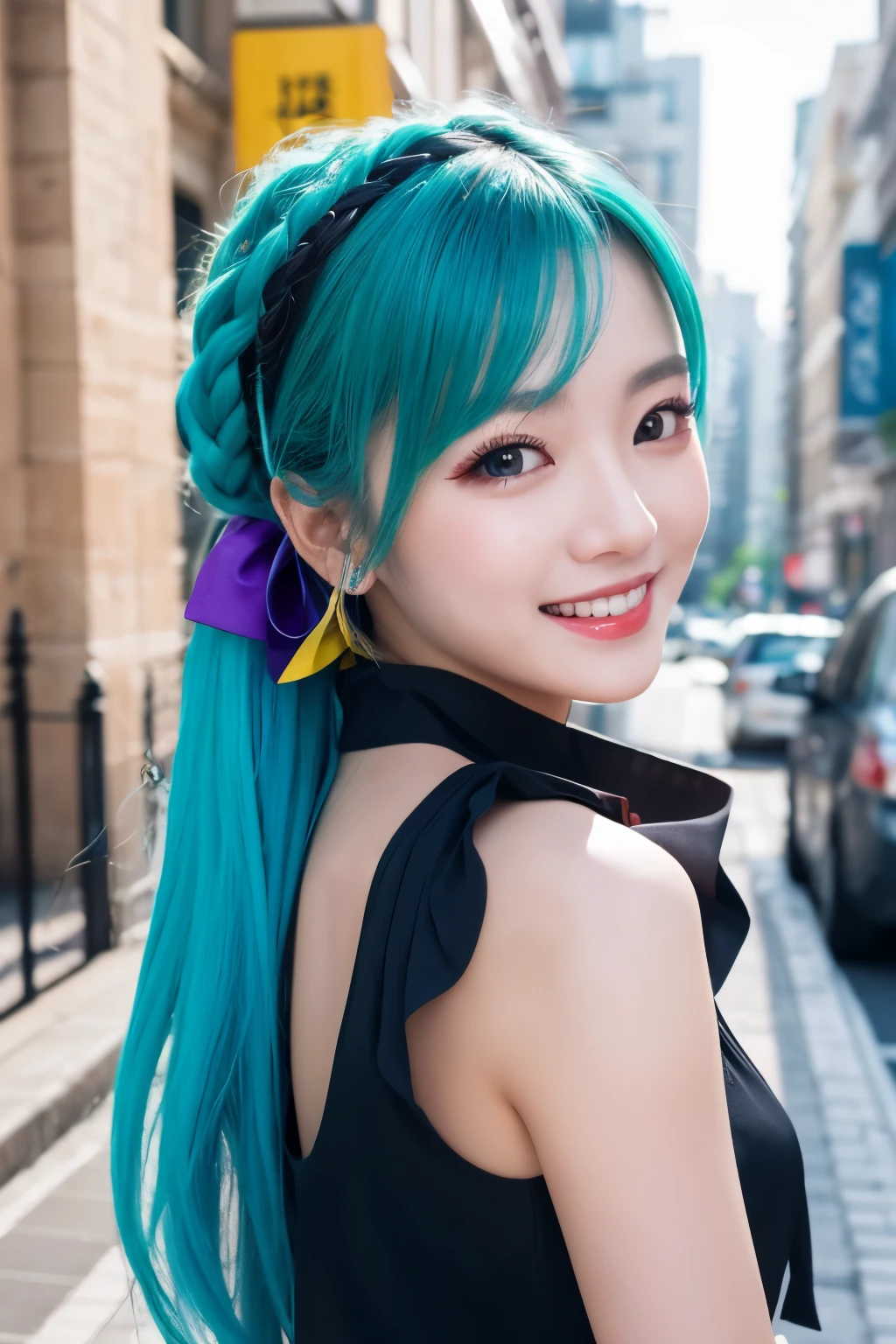 high quality, real、High resolution, Realistic、8k、masterpiece, detailed.impressive, Cutting-edge female photography portraits、(100m walk、Olympic)、Cool smile、sexy、Looking at the camera、Facing forward、cyan, and purple, Her vibrant makeup really catches the eye.. Her colorful hair is tied up high,