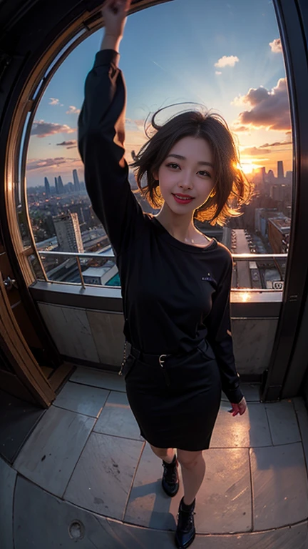 One girl, Korean, Fisheye Lens, Selfie, Wind, Messy Hair, sunset, Cityscape, (Aesthetics and atmosphere:1.2),smile