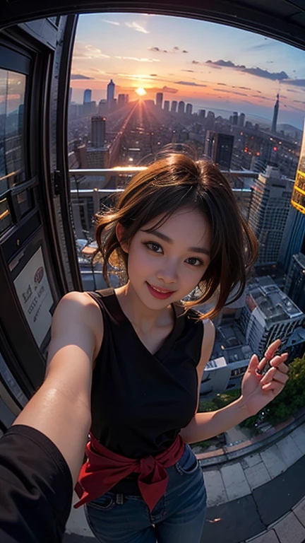 One girl, Korean, Fisheye Lens, Selfie, Wind, Messy Hair, sunset, Cityscape, (Aesthetics and atmosphere:1.2),smile