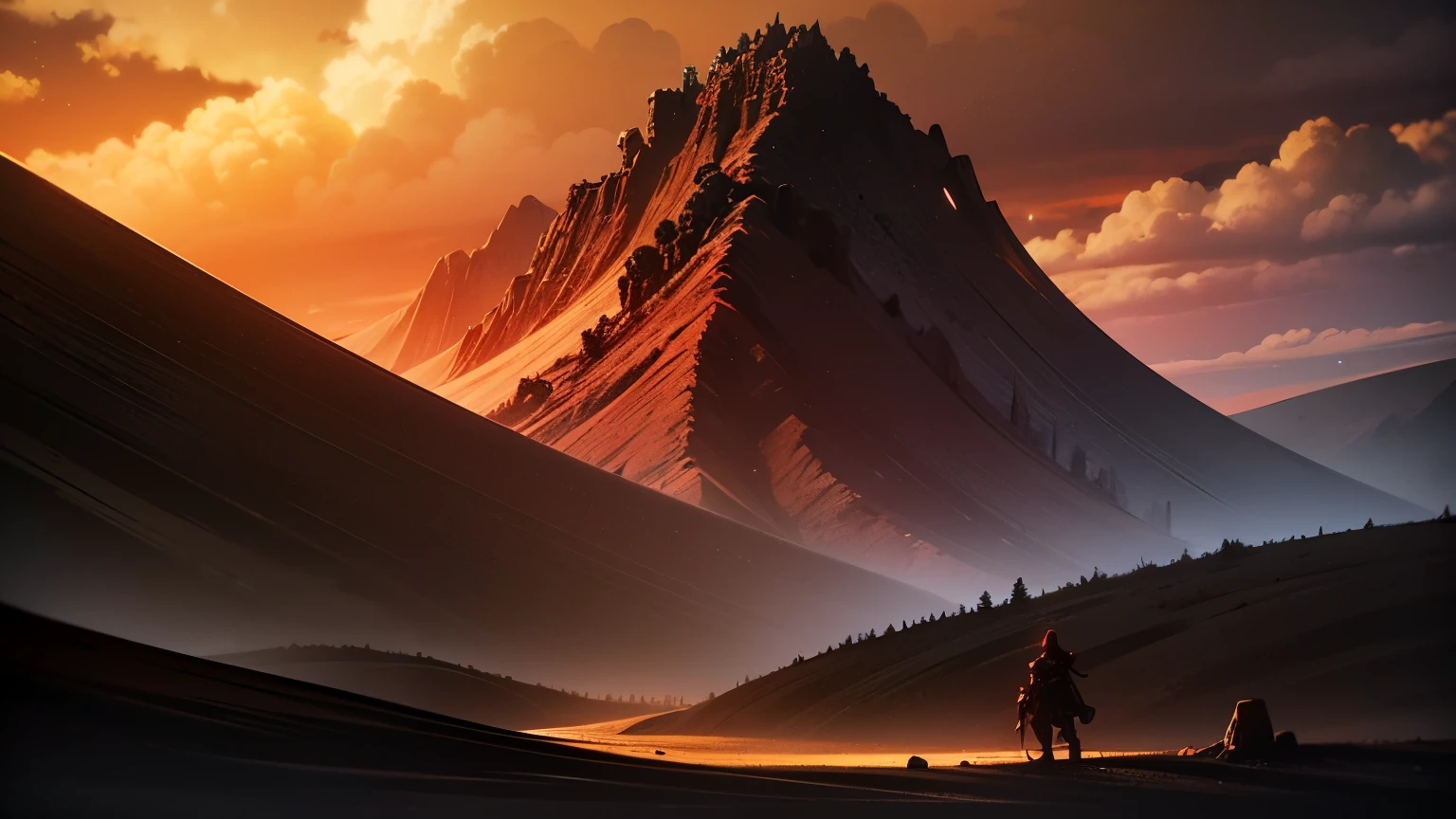 a dark and ominous fantasy landscape, rugged mountains, volcanic vents, gloomy atmosphere, orcs and goblins, black and red colors, dramatic lighting, matte painting, dark fantasy, cinematic composition, concept art