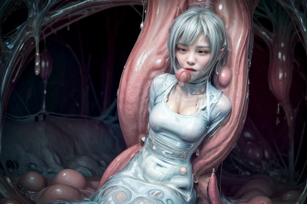 too many creepy tentacles are (((licking))) Asian school girl (inside creature:1.4) of stinky saliva fluids in fantasy, (stinky dress), wet girl, sitting, ((looking at the viewer)), wet skin, bukkake, anguished, bound by slimy tentacles, bdsm, vine, sitting in a mirror, she is resisting from cum shot, fetish, pussy juice stain, (she is hiding her mouth:1.5) inside creature, slimy ((wet skin)) dripping, (beautiful eyes), dried saliva, ((steaming)), depth of field, 1girl, solo, censored