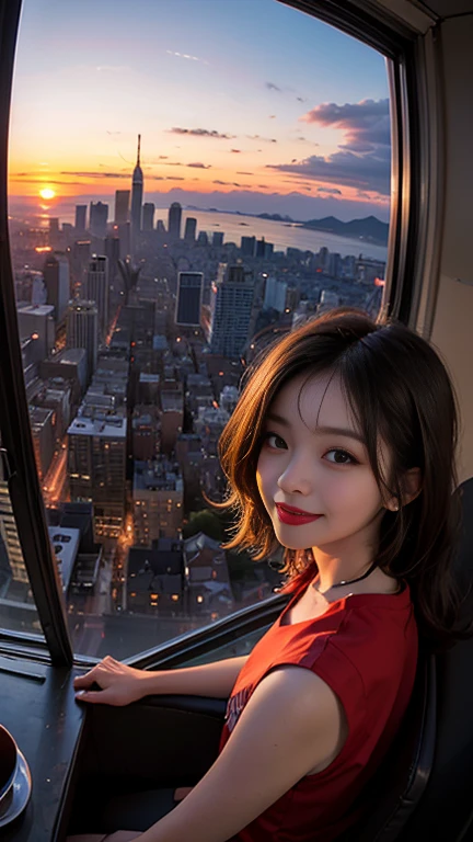 One girl, Korean, Fisheye Lens, Selfie, Wind, Messy Hair, sunset, Cityscape, (Aesthetics and atmosphere:1.2),smile