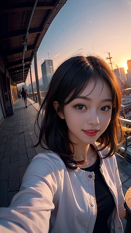 One girl, Korean, Fisheye Lens, Selfie, Wind, Messy Hair, sunset, Cityscape, (Aesthetics and atmosphere:1.2),smile