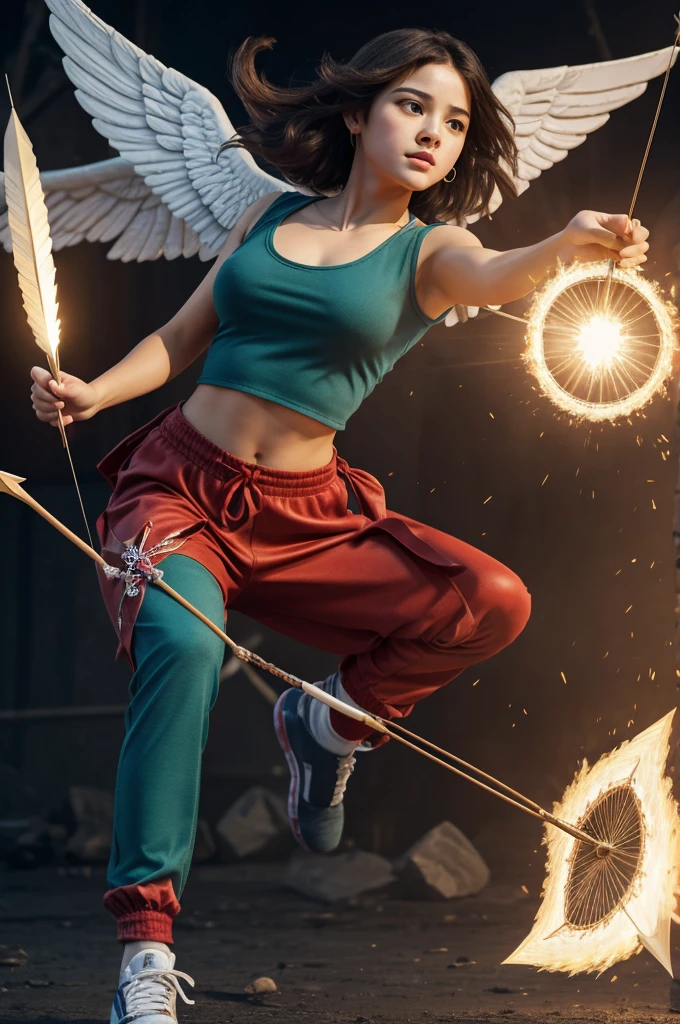 (Best Quality), (masterpiece), (detailed), {original}, {realist}, Girl, (Masterpiece of art), (ultra quality), Girl cabello cortito, young, fury face, linda, beauty, flat nose, parts, introvert, beautiful, short hair, sapphire jade pendant, whole body, defensive pose, elegance, fiery red eyes, survivor, costume with wings, Long pants, sneakers, socks, stitched ears, Bow and arrows, attacking,