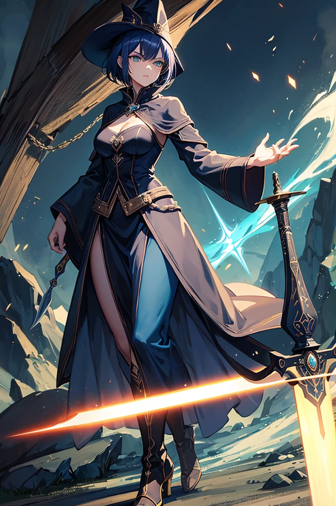 Woman, mage, short dark blue hair with, badass magician clothes, arcanist, mage black hat, sword, midnight blue hot dress, green eyes
