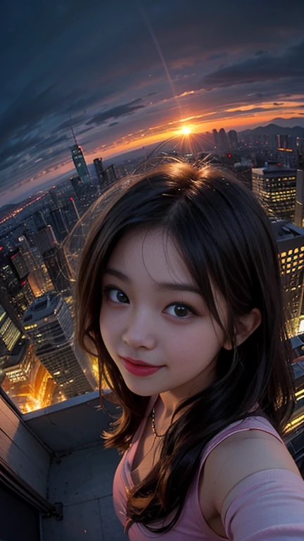 One girl, Korean, Fisheye Lens, Selfie, Wind, Messy Hair, sunset, Cityscape, (Aesthetics and atmosphere:1.2),smile