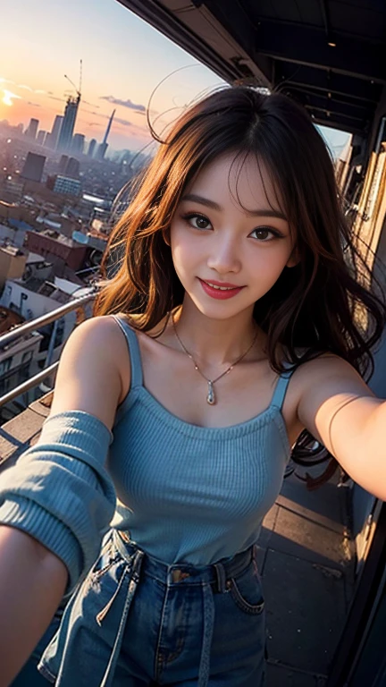 One girl, Korean, Fisheye Lens, Selfie, Wind, Messy Hair, sunset, Cityscape, (Aesthetics and atmosphere:1.2),smile