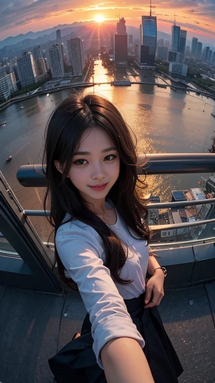 One girl, Korean, Fisheye Lens, Selfie, Wind, Messy Hair, sunset, Cityscape, (Aesthetics and atmosphere:1.2),smile