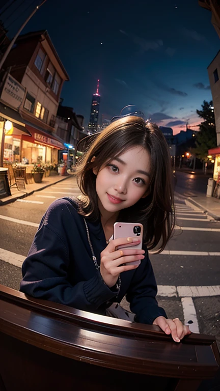 One girl, Korean, Fisheye Lens, Selfie, Wind, Messy Hair, sunset, Cityscape, (Aesthetics and atmosphere:1.2),smile