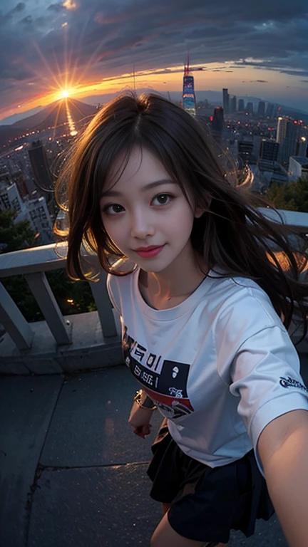 One girl, Korean, Fisheye Lens, Selfie, Wind, Messy Hair, sunset, Cityscape, (Aesthetics and atmosphere:1.2),smile