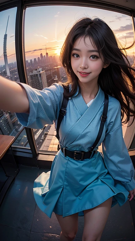 One girl, Korean, Fisheye Lens, Selfie, Wind, Messy Hair, sunset, Cityscape, (Aesthetics and atmosphere:1.2),smile