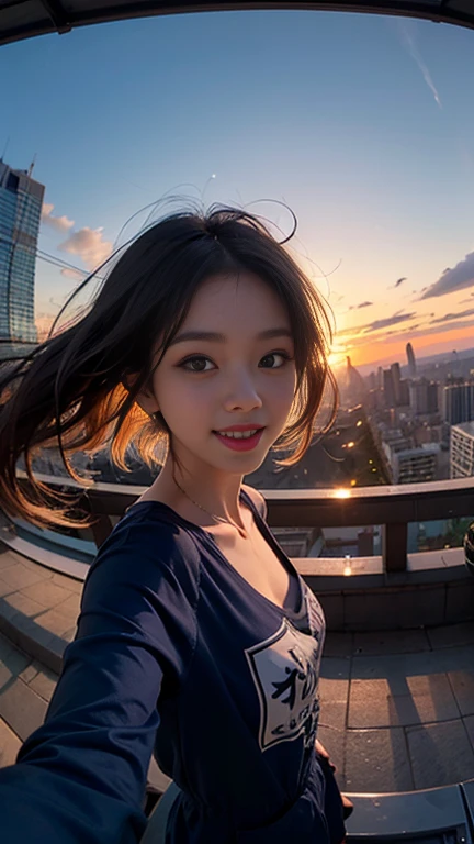 One girl, Korean, Fisheye Lens, Selfie, Wind, Messy Hair, sunset, Cityscape, (Aesthetics and atmosphere:1.2),smile
