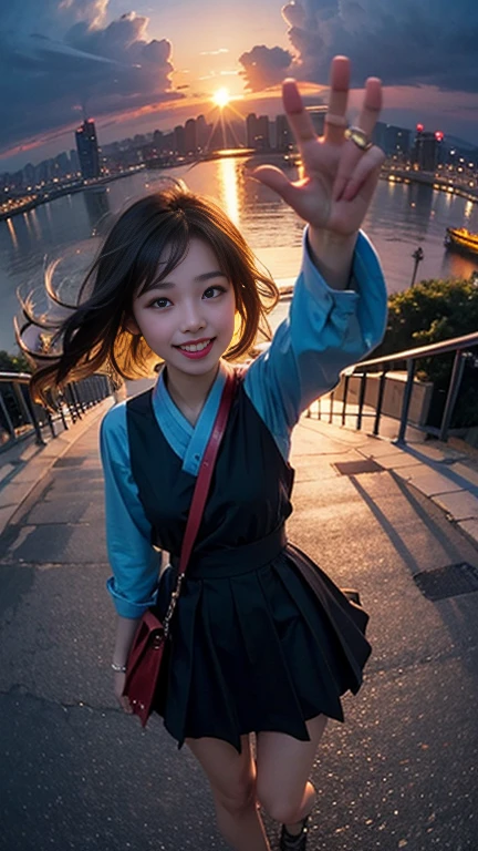 One girl, Korean, Fisheye Lens, Selfie, Wind, Messy Hair, sunset, Cityscape, (Aesthetics and atmosphere:1.2),smile