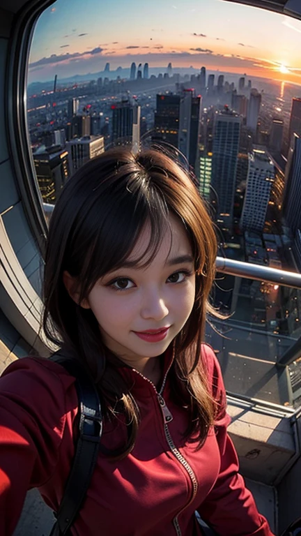 One girl, Korean, Fisheye Lens, Selfie, Wind, Messy Hair, sunset, Cityscape, (Aesthetics and atmosphere:1.2),smile